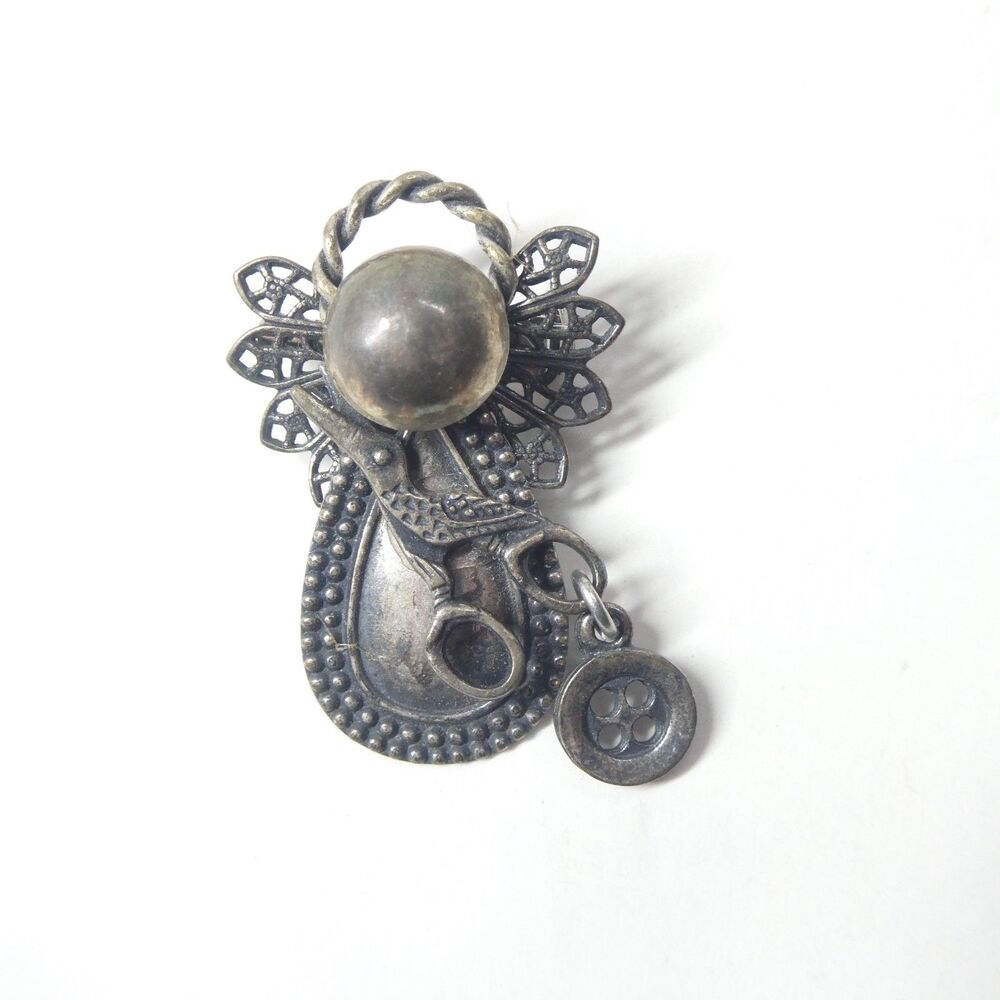 Sewing Angel Pin Vintage Scissors Button Vintage Style Silvertone Brooch